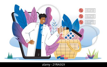 Concetto di farmacista online. Uomo in uniforme medica vicino pillole e farmaci. Commercio elettronico e shopping online. Sanità e medicina. Piatto Illustrazione Vettoriale