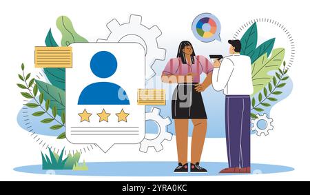 Consulenza aziendale professionale. L'uomo dà consigli finanziari alla donna. Mentore e allenatore. Corso di formazione aziendale e seminario. Vettore piatto Illustrazione Vettoriale