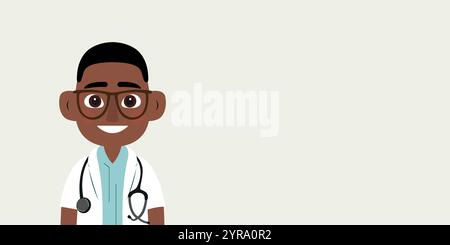 Medico con uno stetoscopio. L'uomo è isolato su uno sfondo chiaro con spazio di copia vuoto per testo o immagini. Illustrazione Vettoriale