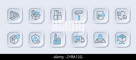 Set di icone di riparazione. Camion, scatole di cartone, rulli per verniciatura ed edifici. Ristrutturazione e riparazione, costruzione e ingegneria. Raccolta vettoriale lineare Illustrazione Vettoriale