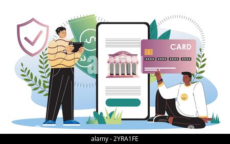 Concetto di pagamento sicuro. Due uomini vicino al cellulare con la banca. Applicazione bancaria. Sicurezza per trasferimenti e transazioni senza contanti. Vettore piatto Illustrazione Vettoriale