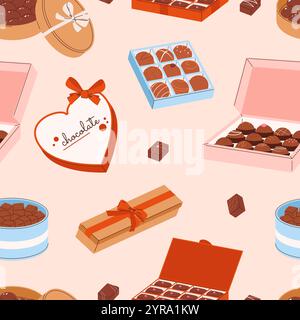 Caramelle al cioccolato in confezioni regalo. Motivo senza cuciture con diversi regali dolci, scatola con fiocchi. Gustosa stampa in tessuto da dessert, vettoriale decorativo Illustrazione Vettoriale