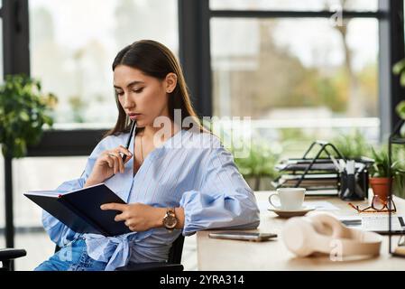 Brune Woman scrive con cura su un notebook mentre è seduta in un moderno spazio di lavoro. Foto Stock