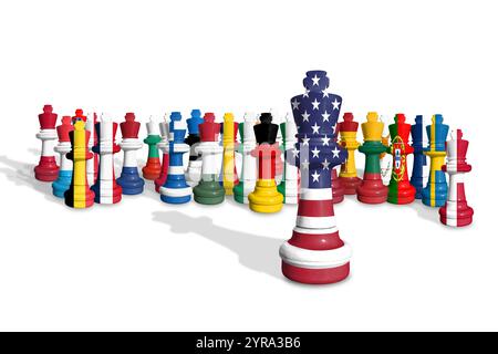 Scacchi fatti da membri dell'UE e bandiere degli Stati Uniti isolate su sfondo bianco Foto Stock