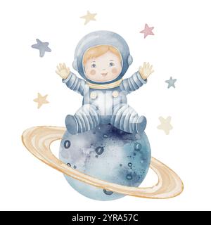 Illustrazione ad acquerello di un piccolo astronauta seduto su un pianeta circondato da stelle. Disegno di Spaceman carino per l'arredamento della nursery, i disegni per bambini o gli inviti per la baby shower in colori pastello. Foto Stock