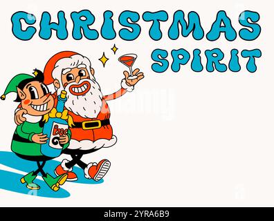 Babbo Natale ubriaco ed elfo con testo di spirito natalizio. Simpatici personaggi vintage di Babbo Natale e degli elfi che celebrano le vacanze Illustrazione Vettoriale