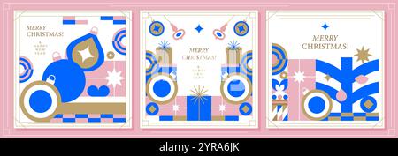 Un set di cartoline natalizie moderne e minimaliste. Il design elegante con elementi geometrici astratti, decorazioni natalizie e regali crea un'atmosfera festosa. Illustrazione Vettoriale