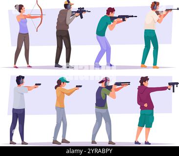 Persone che mirano. I personaggi che sparano con armi diverse hanno esattamente sparato vettoriali in stile cartoni animati Illustrazione Vettoriale