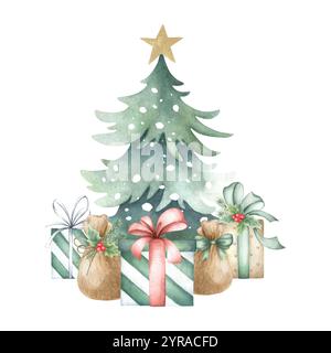 Albero di Natale ricoperto di neve con stella dorata, scatole regalo e sacchi con fiocco. Illustrazione isolata ad acquerello disegnata a mano nei colori verde, rosso, marrone per biglietti d'auguri di Capodanno, confezioni, disegni. Foto Stock