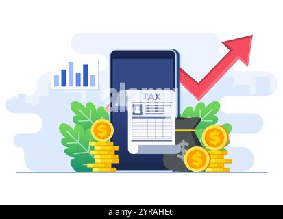 Modello vettoriale per illustrazione piatta del pagamento delle imposte online, documentazione cartacea, modulo fiscale, audit, report e calcolo della ricerca finanziaria, contabilità finanziaria Illustrazione Vettoriale