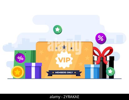 Modello vettoriale con illustrazione piatta del concetto di carta bonus del programma fedeltà, guadagna punti e monete d'oro, reddito cashback bonus, punti premio, Illustrazione Vettoriale