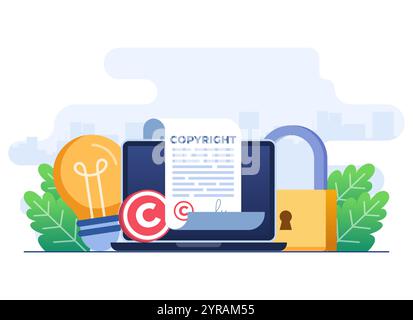 Modello vettoriale di illustrazione piatta del concetto di copyright, proprietà intellettuale, copyright, diritti di autore, documento legale online, brevetto per la creatività Illustrazione Vettoriale