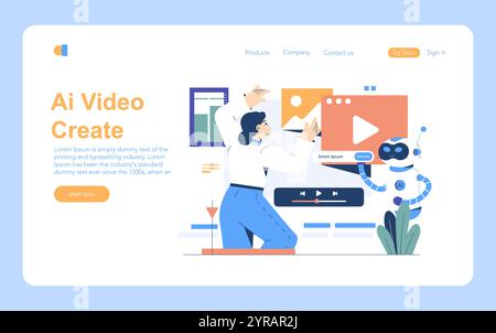 Concetto di creazione video con intelligenza artificiale. Una persona interagisce con l'intelligenza artificiale per l'editing di video su una piattaforma digitale. Innovazione nella produzione multimediale. Illustrazione vettoriale. Illustrazione Vettoriale