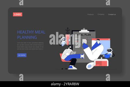 Concetto di pianificazione di pasti sani. Una persona che crea una dieta equilibrata con l'aiuto di un'interfaccia digitale e simpatici personaggi alimentari. Gestione della nutrizione semplificata. Illustrazione vettoriale. Illustrazione Vettoriale