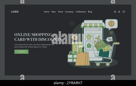 Concetto Green Monday. L'illustrazione digitale ritrae gli acquisti ecologici; un carrello pieno di regali e sconti in un negozio online. Tema del consumismo sostenibile e dai toni della terra. Illustrazione vettoriale. Illustrazione Vettoriale