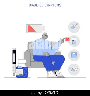 Concetto di monitoraggio degli zuccheri nel sangue. Il paziente monitora i livelli di glucosio per gestire i sintomi del diabete a casa. Penna per insulina, strisce reattive, terapia mirata. Illustrazione vettoriale. Illustrazione Vettoriale