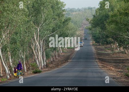 Strada rurale in Togo con alberi, pedoni e veicoli che mostrano la vita quotidiana in campagna Foto Stock