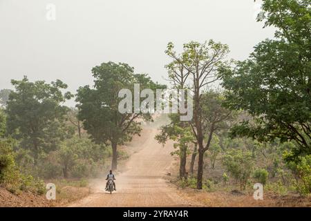 Motociclista su una strada rurale densa in Togo circondato da alberi verdi e da un paesaggio paesaggistico Foto Stock