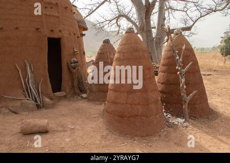 Tradizionale casa del villaggio in argilla con altare Voodoo nel Togo rurale circondato da paesaggio secco Foto Stock