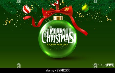 Buon Natale, ballo di Capodanno in vetro con albero di Natale e neve. Vettore Illustrazione Vettoriale