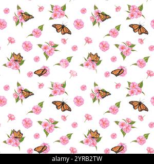 Motivo senza cuciture con fiori, foglie e farfalle Monarch di Sakura rosa. Per tessuti, stampa. Illustrazione ad acquerello disegnata a mano Foto Stock