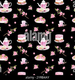 Motivo senza cuciture con Sakura, tè, torta, fiori e foglie verdi. Sakura clipart. Illustrazione ad acquerello disegnata a mano. Foto Stock