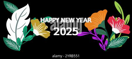Le parole HAPPY NEW YEAR 2025 sono ben visibili in bianco in contrasto con lo sfondo scuro Illustrazione Vettoriale