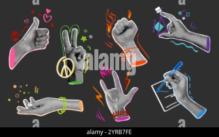 Collage di gesti mezzitoni. Vintage Hands gesture pop art collage design divertente, Hads firma la pace come il pugno emoji giornale retrò ritagliato elementi astratti, esatta illustrazione vettoriale opere d'arte originali Illustrazione Vettoriale