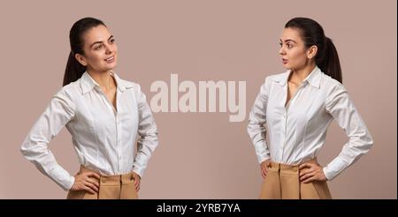 donna d'affari sorpresa e positiva in camicia bianca su sfondo beige Foto Stock
