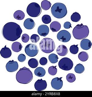 mora di mirtillo, disegnata a mano con acquerello, gruppo di frutti di bosco maturi sparsi con gocce, composizione circolare blu e viola. Per restaur Illustrazione Vettoriale