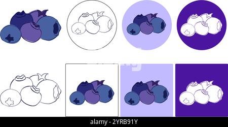 linea grafica vettoriale mirtilli set di loghi su sfondo colorato, cinque mucchi di frutti di bosco con foglie, mirtilli cadenti Illustrazione Vettoriale