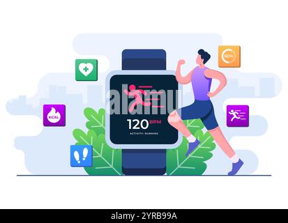 Runner che monitora la sua frequenza cardiaca in smartwatch, allenamento, fitness e concetto di salute, app fitness, dispositivo indossabile al polso, allenamento, esercizi sportivi Illustrazione Vettoriale