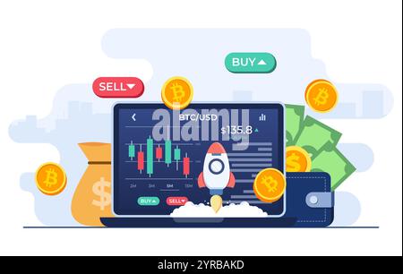 Trading di criptovalute e concetto in crescita modello vettoriale a illustrazione piatta, aumento di Bitcoin, scena della Borsa con laptop, grafico, numeri e SEL Illustrazione Vettoriale