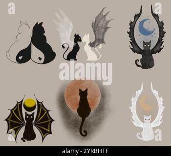 gatti stilizzati sul tema dello yin yang e della luna, della luce e dell'oscurità Illustrazione Vettoriale