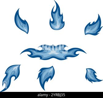 Un'illustrazione dinamica con una collezione di fiamme blu vibranti in varie forme e dimensioni. Illustrazione Vettoriale