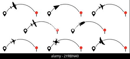 Set di elementi pneumatici che viaggiano da un punto iniziale a un punto finale con tracciatura con linee tratteggiate. Illustrazione Vettoriale