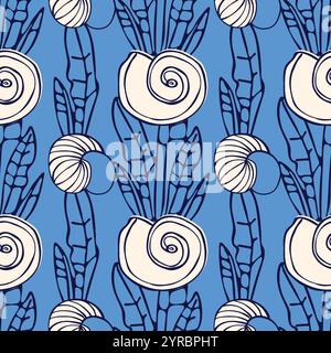 Motivo senza cuciture con conchiglie e alghe su sfondo blu. Illustrazione Vettoriale