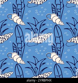 Motivo senza cuciture con conchiglie, alghe e bolle. Illustrazione Vettoriale