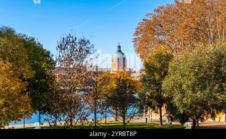 La cupola dell'ex ospedale funerario attraverso gli alberi di Place de la Daurade a Tolosa, Occitanie, Francia Foto Stock