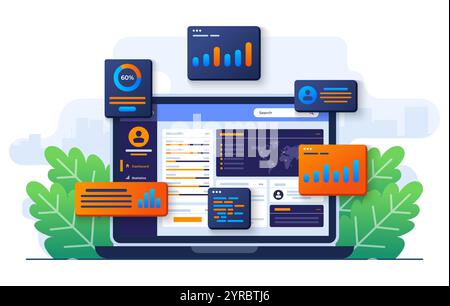 Grafici di dati, grafici e un dashboard sullo schermo del notebook, illustrazione vettoriale di analisi pubblicitaria di marketing SEO, analisi di marketing, ricerche di mercato, Illustrazione Vettoriale