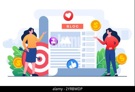 Scrittore freelance che guadagna denaro monetizzando il blog, guadagnando dai link affiliati, concetto di monetizzazione del blog modello vettoriale di illustrazione piatta, sito Web Illustrazione Vettoriale