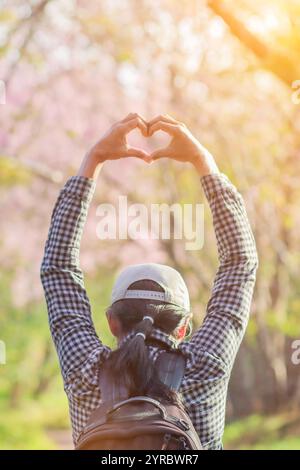 Un giovane alza la mano per mostrare un simbolo del cuore all'interno del giardino in fiore di ciliegio, Prunus cerasoides rosa per simboleggiare l'amicizia e l'amore. amichevole Foto Stock