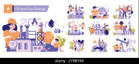 Set energia petrolio e gas. Esplorazione, estrazione e impatto ambientale. Raffinazione, perforazione offshore e sviluppo di infrastrutture. Illustrazione vettoriale. Illustrazione Vettoriale