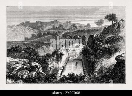 Incisione raffigurante la piscina di Siloam, famosa per il miracolo della guarigione dell'uomo nato cieco. Il profeta Isaia fu sepolto nelle sue vicinanze. Foto Stock