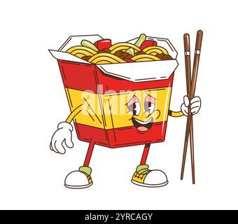 Cartoni animati retrò wok noodles personaggio fast food con faccia divertente, emoji vettoriale. Scatola di spaghetti asiatici con sorriso felice e bacchette per un menu o un carattere hipster funky dei cartoni animati del fast food Illustrazione Vettoriale