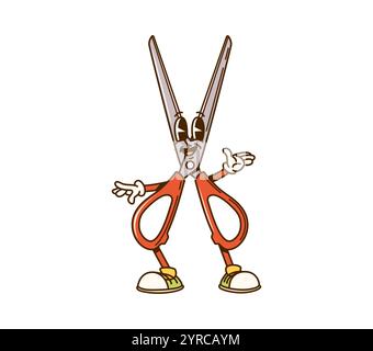 Forbici da ginnastica, educazione scolastica e carattere di cancelleria. Le cesoie retrò dei cartoni animati emettono vibrazioni giocose e funky con un'espressione allegra. L'ufficio vettoriale isolato fornisce gioie per il personale educativo Illustrazione Vettoriale