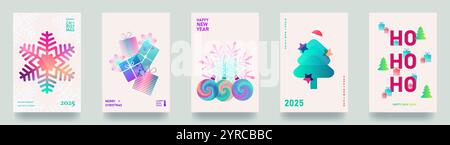 Set di carte colorate, volantini e poster per il nuovo anno 2025. Auguri di Natale. Moderno stile minimalista. Colori sfumati. Vettore Illustrazione Vettoriale