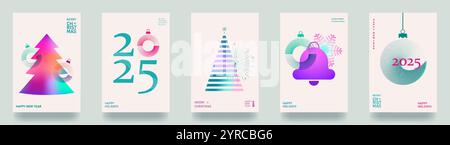 Set di carte colorate, volantini e poster per il nuovo anno 2025. Auguri di Natale. Moderno stile minimalista. Colori sfumati. Illustrazione vettoriale Illustrazione Vettoriale