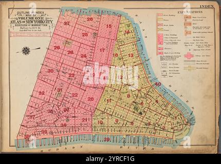 Schema e indice Mappa del volume 1, Atlas of New York City, Borough of Manhattan. Batteria fino alla 14th St. 1921 - 1923 Foto Stock