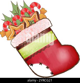Natale e Capodanno calza con pan di zenzero, caramelle, caramelle alla panna e foglie di mandorle. Illustrazione vettoriale isolata. Illustrazione Vettoriale